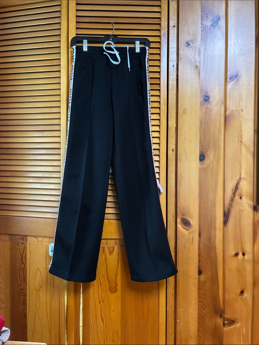 Miu Miu Black Wide-Leg Track Pants with White Drawstring and Side Trim